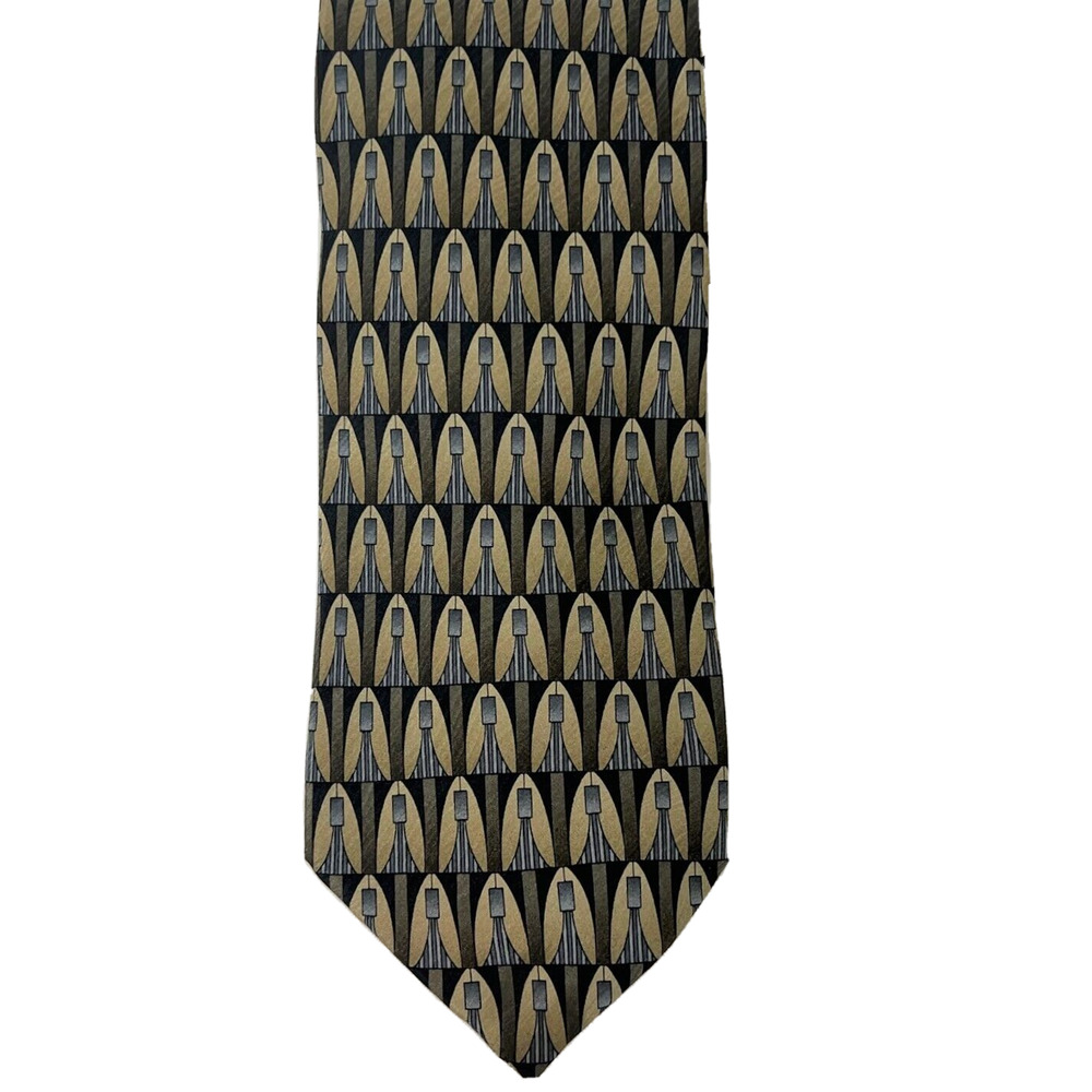 Vtg Louis Roth Mens Silk Tie 1980s Geometric Art Deco Pattern Black Gold 4" Wide